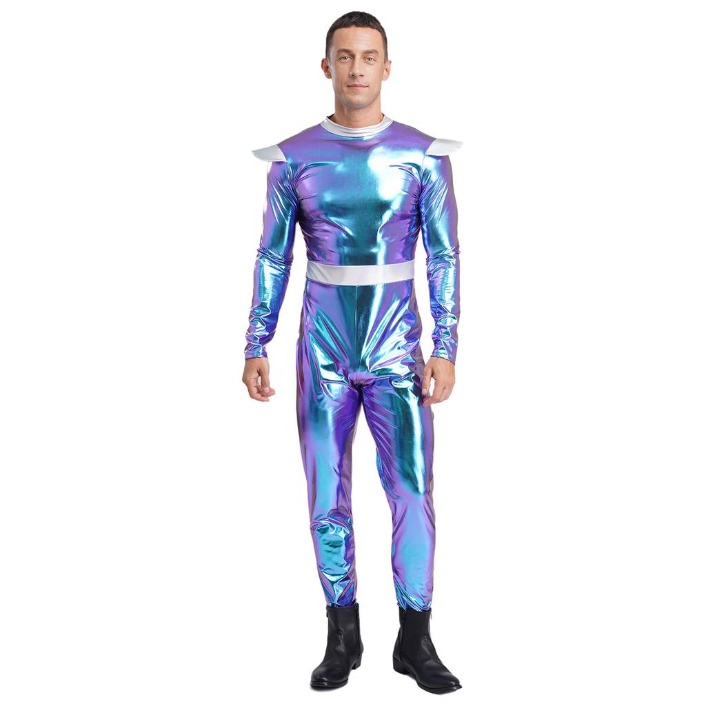 One-Piece Outer Space Costume for Men M-3XL: Easy Wear Long Sleeve Jumpsuit, Combines Cute & Robotic Styles for Photos