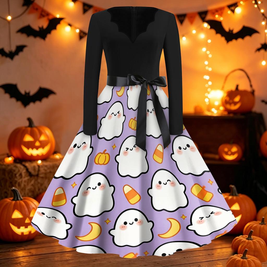 Womens Casual Halloween Print V Neck Vintage Dress Long Sleeve Fit Flare Midi Dress with Waist Tie Retro Style