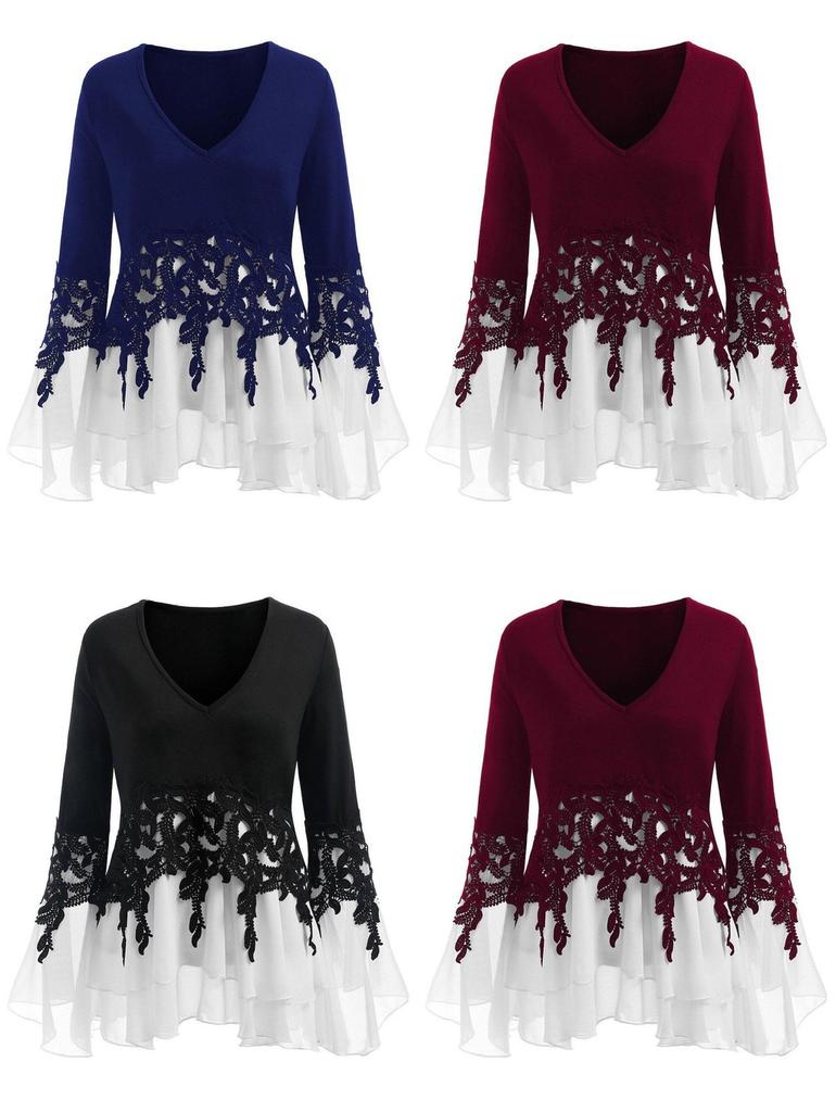 Elegant Women Ladies Long Sleeve V Neck Patchwork Tunic Tops For Casual Comfort