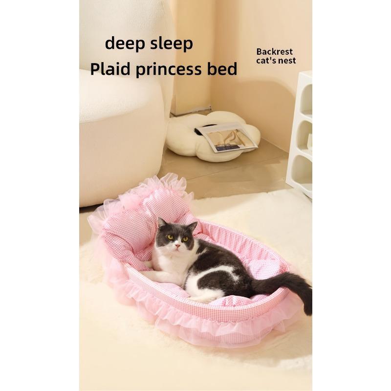 [Polyester Plaid Haustierbett] Atmungsaktives Polyester Plaid Haustierbett für kleine bis mittelgroße Katzen | Bequem mit dekorativer Spitzeneinfassung | Inklusive weich gepolsterter Matte