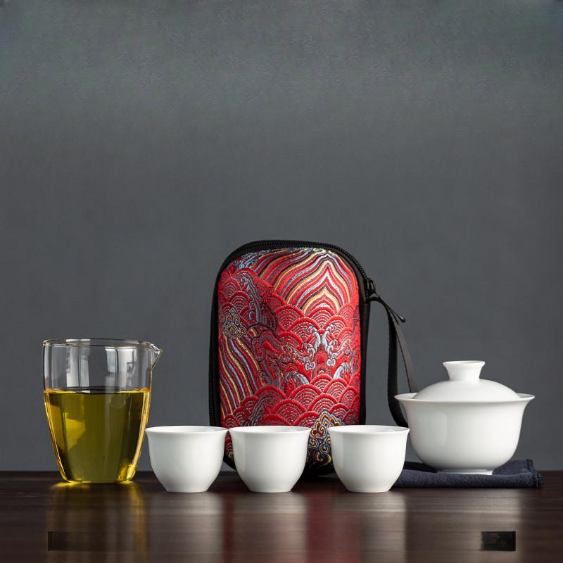 Dehua White Porcelain Travel Tea Set Outdoor Travel Portable Glass Quick Cup Cover Bowl Small Three Cups