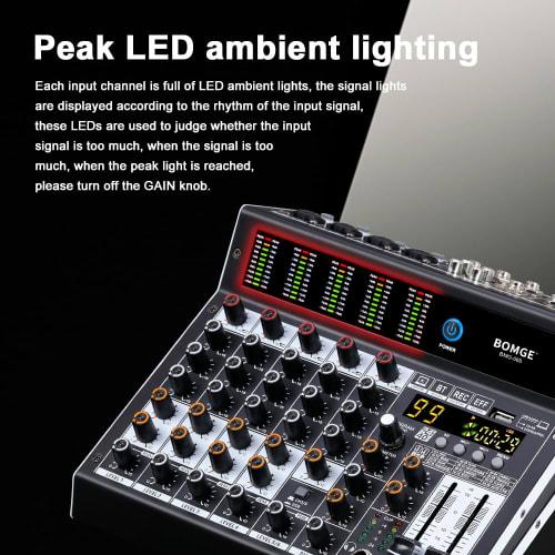 BOMGE Pro Mixer 6-Channel Mixer Console with 99 DSP Effects, +48V Phantom, Bluetooth, USB Interface, 2 AUX, and FX Processor for Studio Recording and