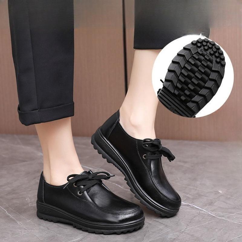 Non-slip Work Shoes, Women's Black Leather Shoes, Comfortable Mother Shoes, Single Shoes, Flat Shoes