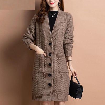Damen Herbst und Winter Einfarbig Mittellanger Literaturpullover Locker gestrickte Strickjacke