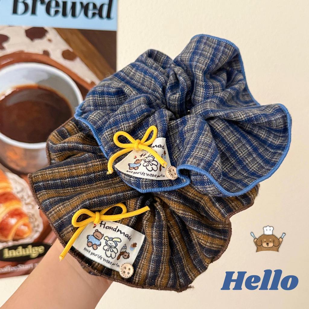 Retro Korean Blue & Brown Plaid Scrunchie, Girly Autumn/Winter Schoolgirl Bow Hair Tie
