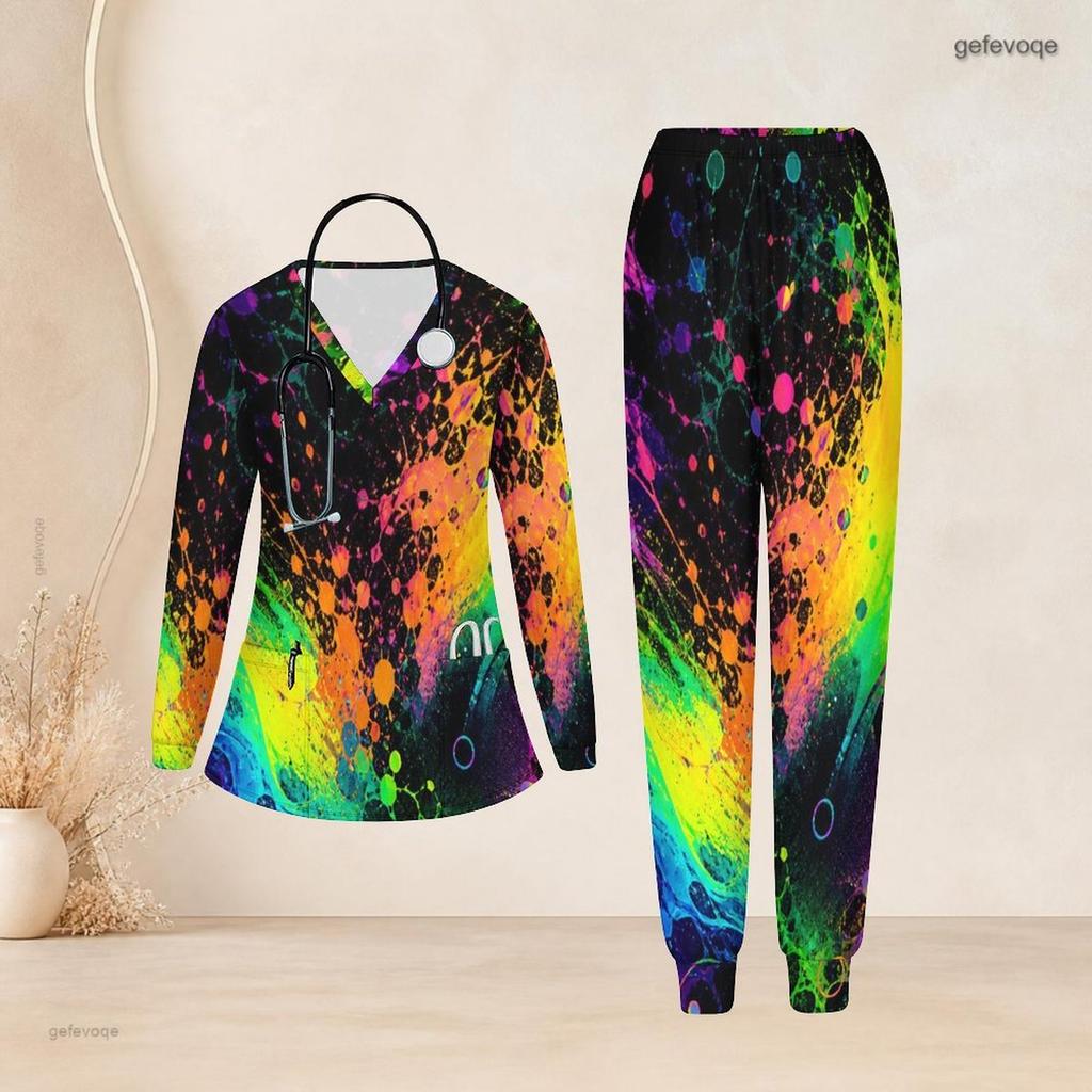 Women Plus Size Nurse Scrub Set V Neck Long Sleeve Colorful Splash Print Two Piece Outfit With Pockets