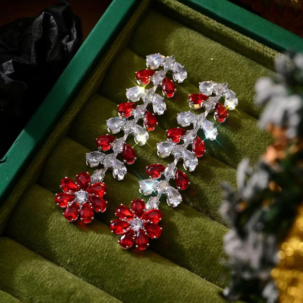 French Luxury, Elegant Red Flower Zircon Earrings, Versatile Evening Dress Accessories, Slim Face, Fashionable Long Earrings