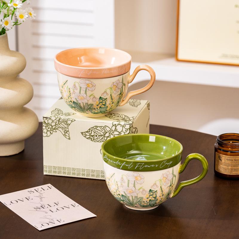 Vintage Oil Painting-Like Lily Of The Valley Blooming Coffee Cup And Saucer Set Ceramic Coffee Cup Gift Box, High-End Souvenir