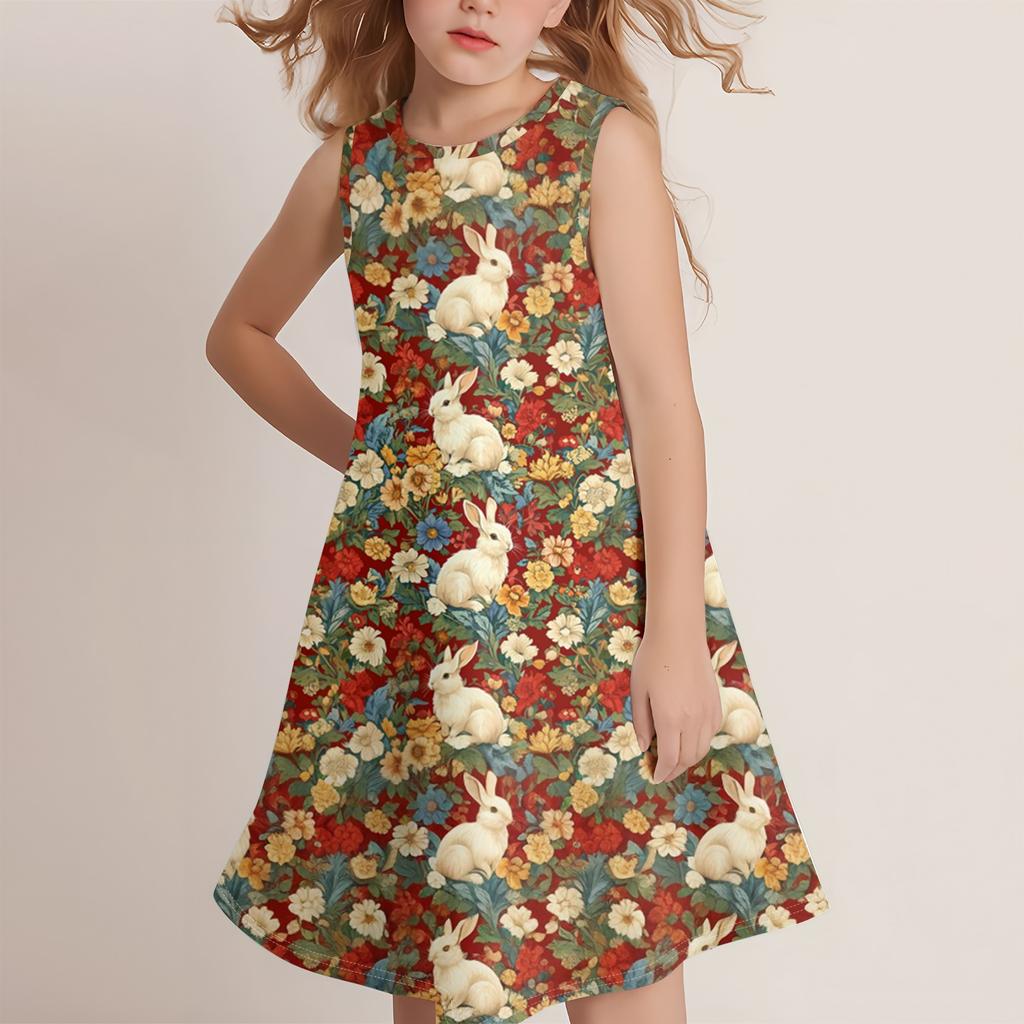 Dívčí módní ležérní šaty bez rukávů s kulatým výstřihem a velikonočním potiskem