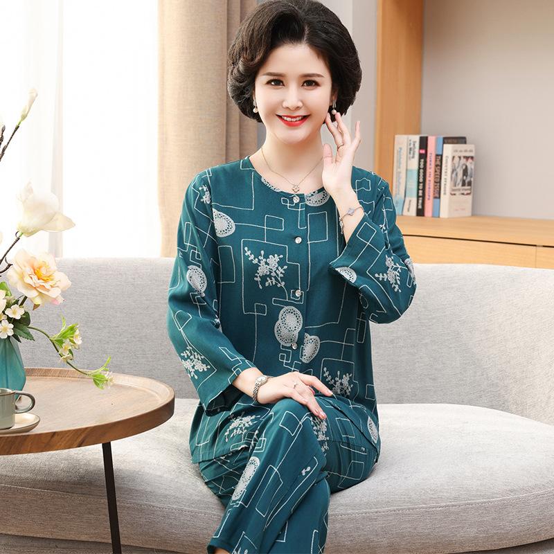 Women's Cotton Silk Pajama Set: Long-Sleeve Top & Trousers for Middle-aged & Elderly Spring Summer Perfect As Homewear or Outerwear