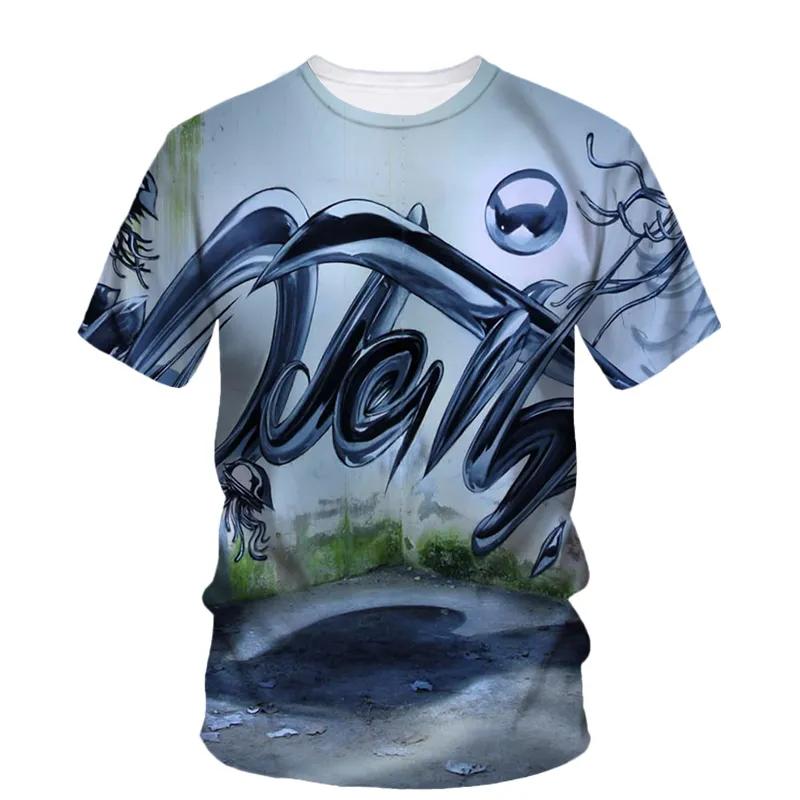 Sommar Ny Kreativ Graffiti Målning Konst Linje T-shirt Herr Mode Casual Hip Hop Harajuku 3D HD Tryckt O Krage Kort Ärm