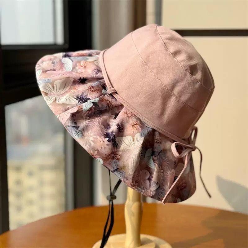 Summer Travel Big Brimmed Fisherman Hat, Women's Printed Bow Sun Hat Face Covering Beach Hat Sun Hat UV Protection
