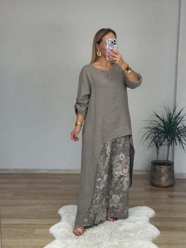 Olive Green Asymmetrical Top and Floral Wide Leg Pant Set