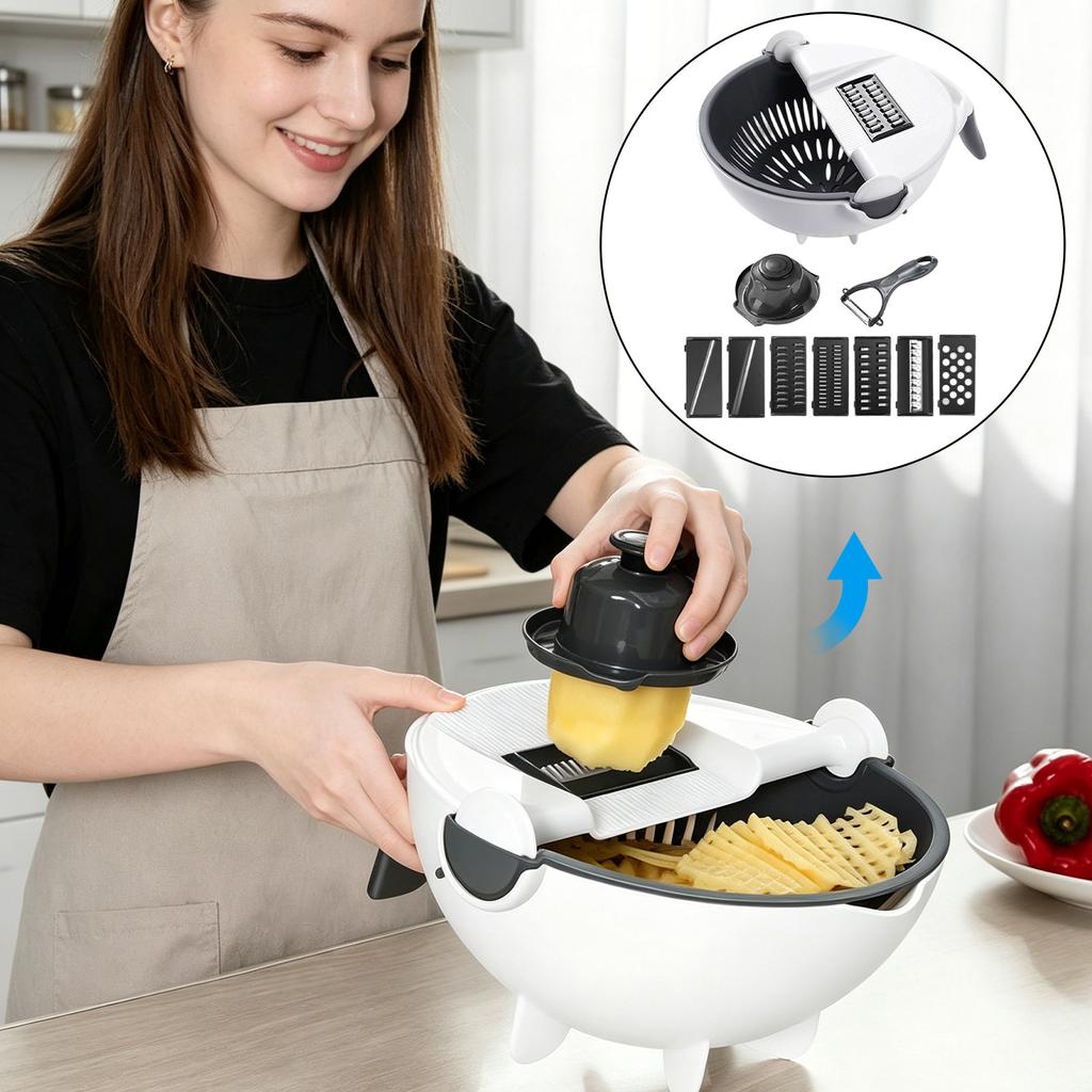 Multi Functional Vegetable Cutter with Removable Strainer Bowl and Interchangeable Blades for Slicing Dicing Grating and Peeling Kitchen Tool