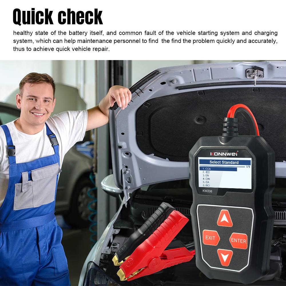 KONNWEI KW208 Battery Tester 12V Automotive Battery Charger Inspection Tools 100 to 2000CCA Cranking Charging Circut Analyzer