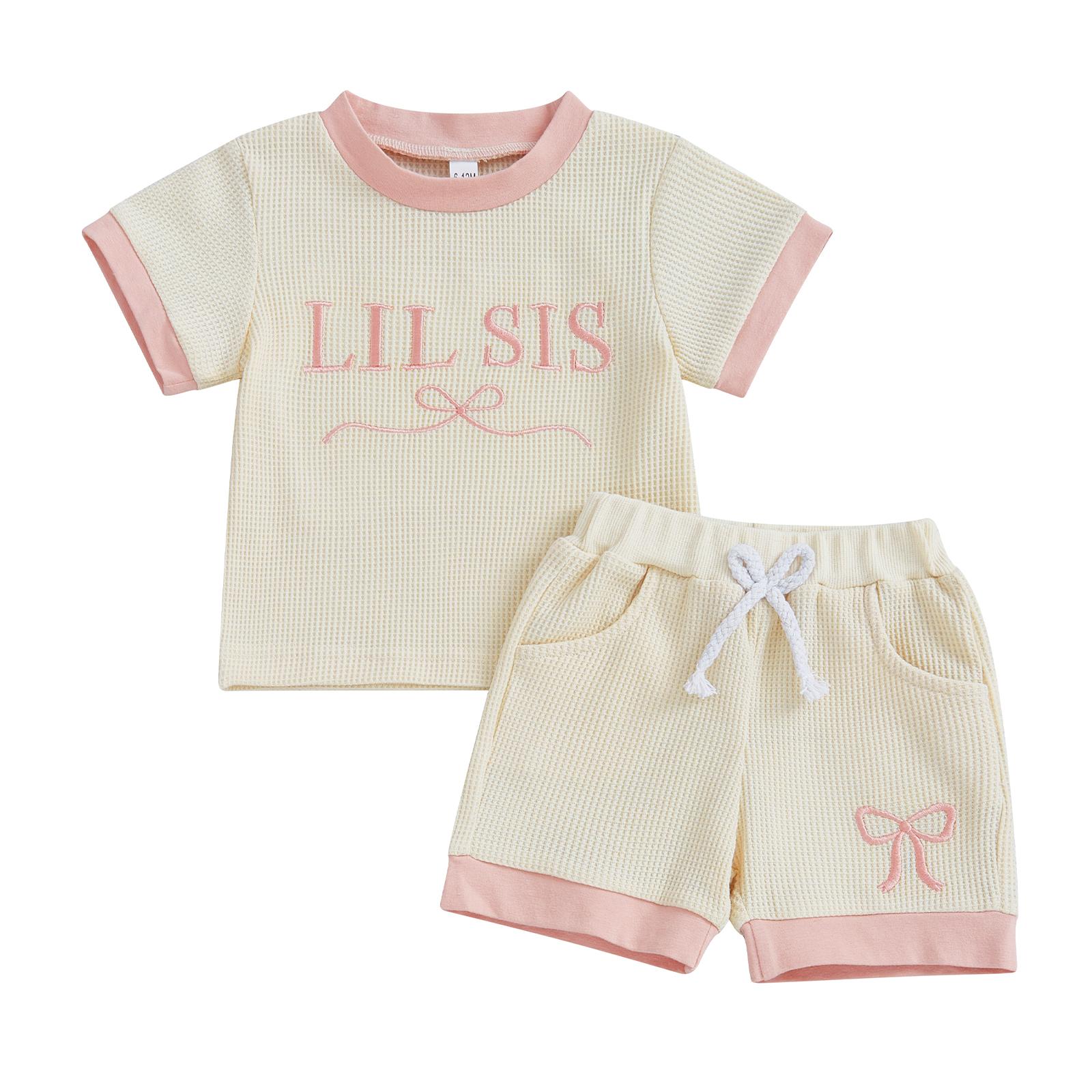 

Sister Matching Outfits Short Sleeve O Neck Letter Embroidery Tops Bow Embroidery Shorts Sets