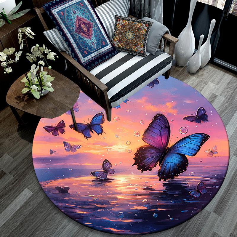 Butterflies Sunset Round Area Rug,Carpet Rug for Living Room Bedroom Sofa Playroom Decor,Non-slip Floor Mat