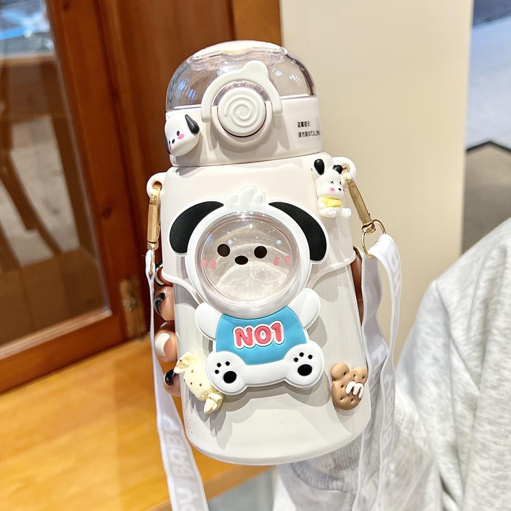 550 ml Niedlicher Thermosbecher für Kinder, Cartoon-Thermowasserflasche aus Edelstahl für Kinder mit Strohhalm, tragbarer Schulwasserbecher