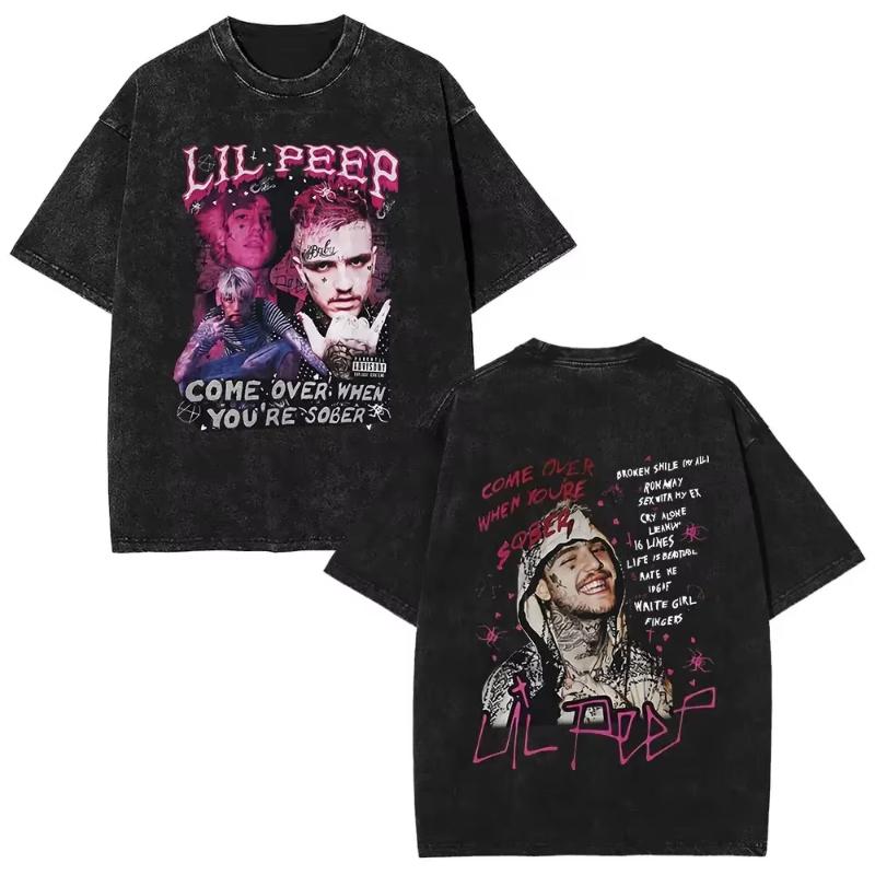 Wyprane Vintage Raper Lil Peep Koszulki z Dwustronnym Nadrukiem Unisex Moda Damska Hip Hop Oversize Krótki Rękaw Koszulka Streetwear