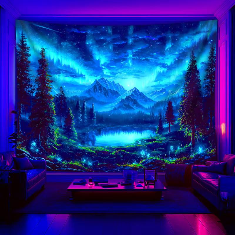 2D Psychedelic Aurora Mountain Blacklight Tapestry, Trippy Landscape Wall Art for Living Room