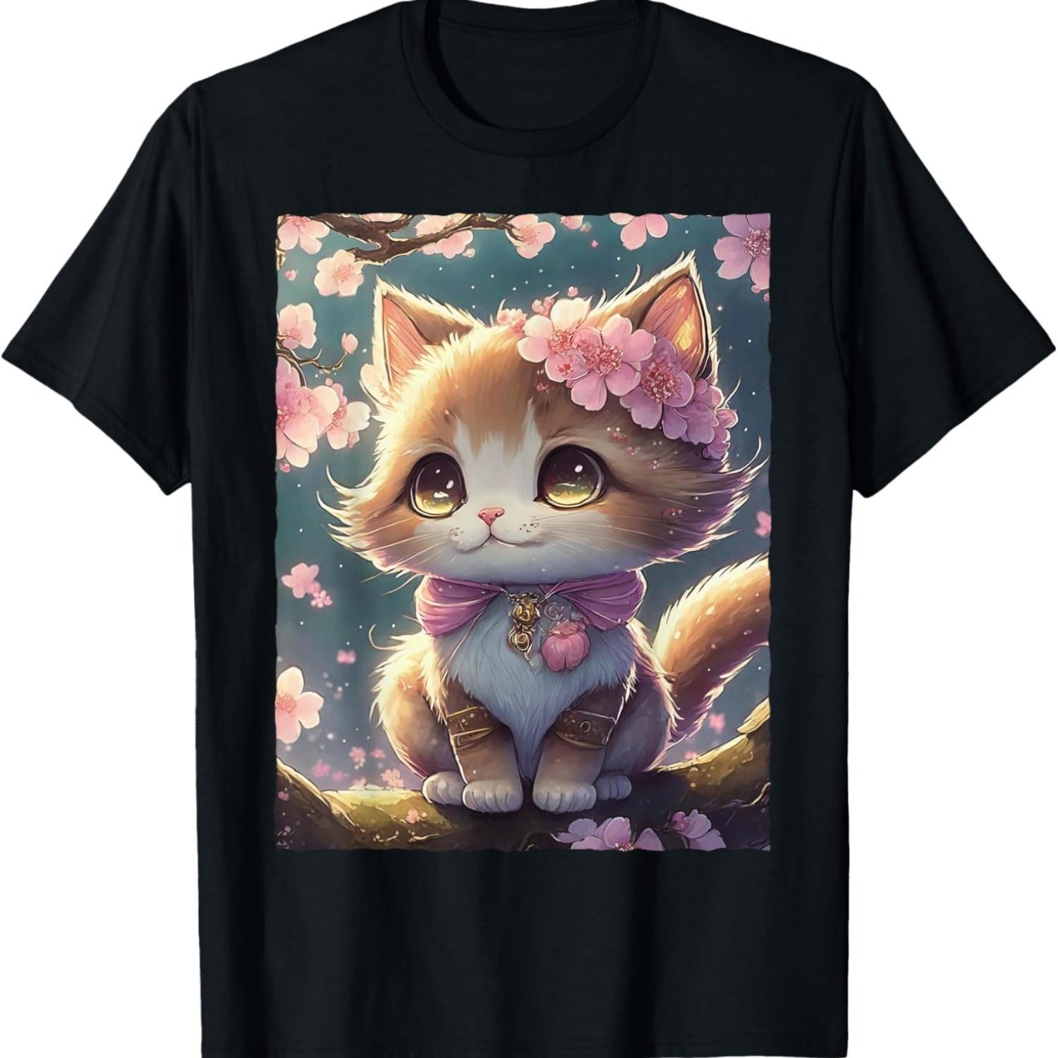 Cute Kawaii Cat with Cherry Blossom T-Shirt(8) S чёрный