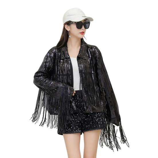 Lapel Long Sleeve Open Stitch Short Type Women Coat Shiny Sequins Tassel Stage