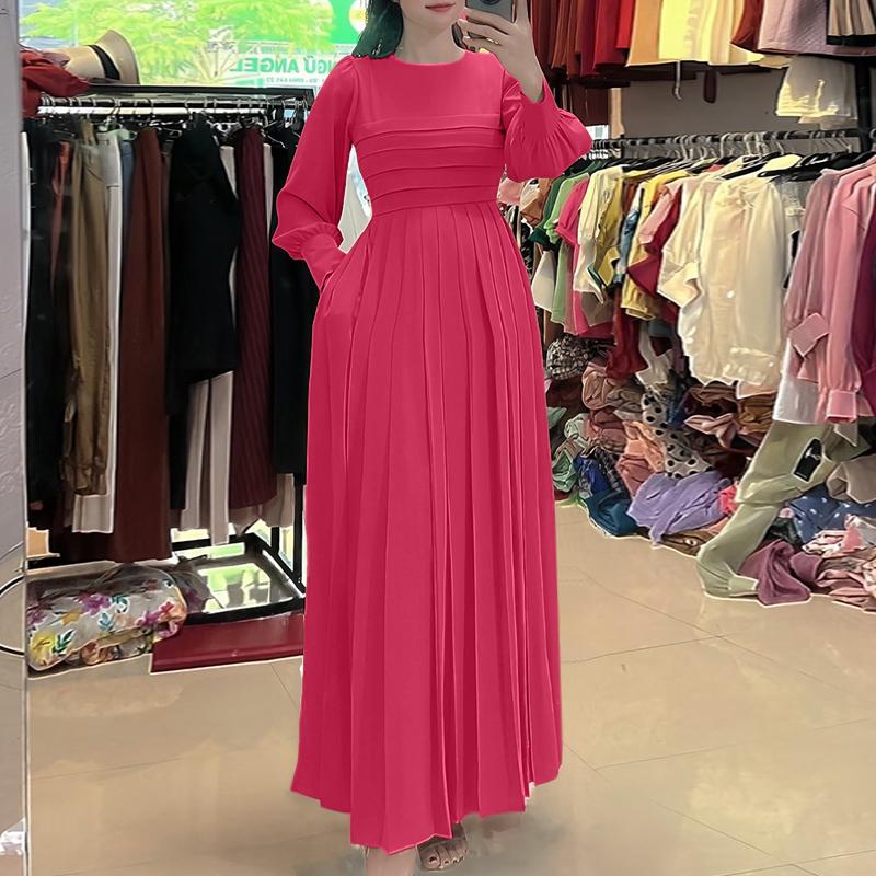 ZANZEA Women Casual Round Neck Solid Color Long Sleeve Loose Dress