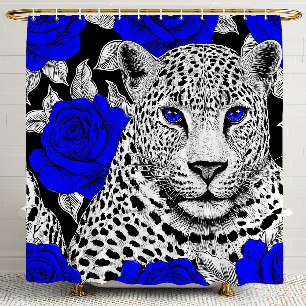 Cougar And Red,Blue Rose Shower Curtain, Animal Pattern Bathroom Decorative Shower Curtain, Printed Shower Curtain With Hooks