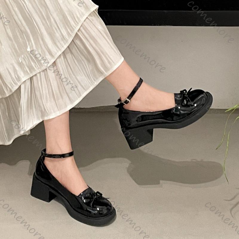 Fashion Comemore Red Mary Jane Women Pumps Thick High Heels Shoes Female Lolita Square Toe Shoes Spring Fashion Party Leather Woman Shoe