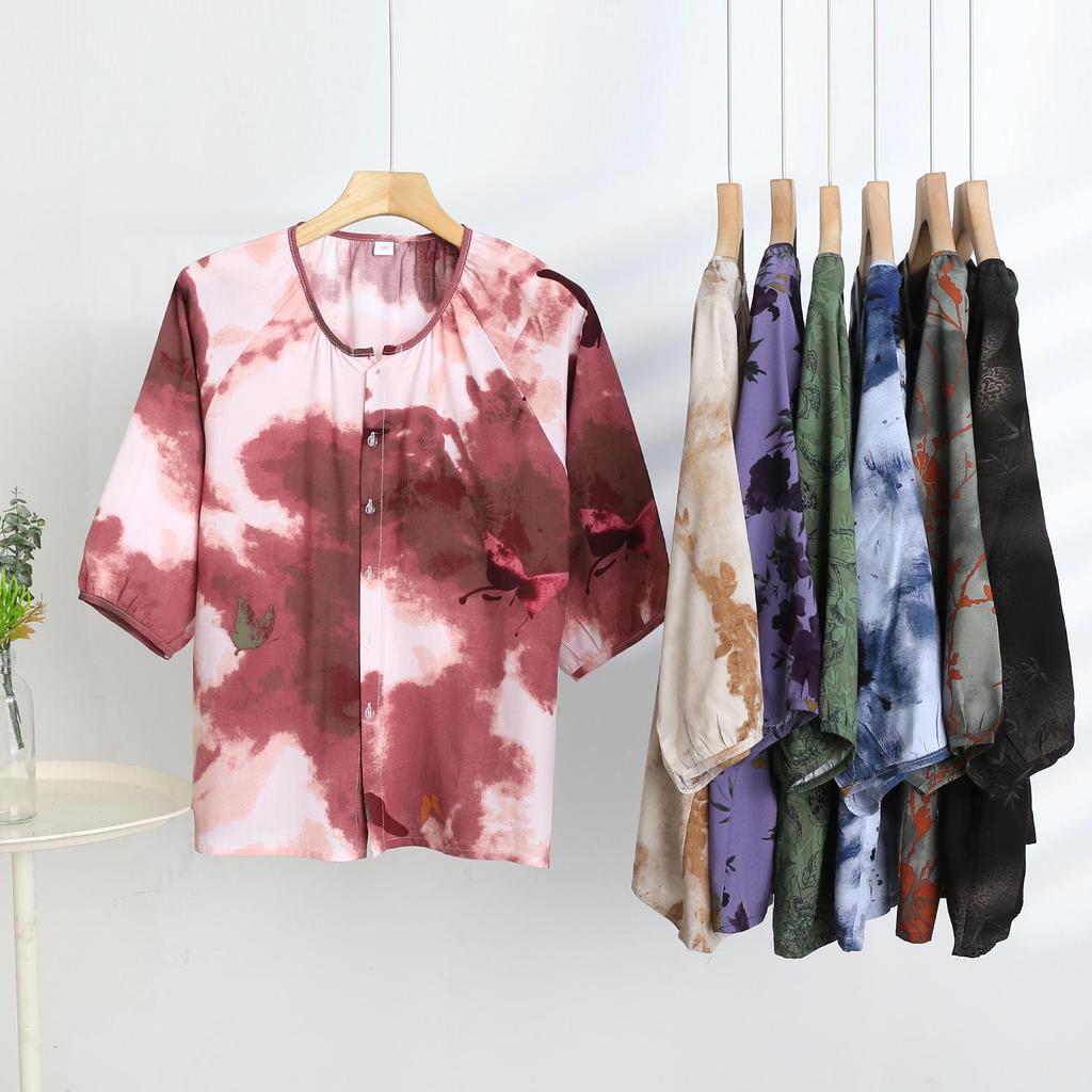 2025 Women's Floral Cotton & Linen Sun Protection Set - Shirt & Long Pants with Five-Sleeve Design