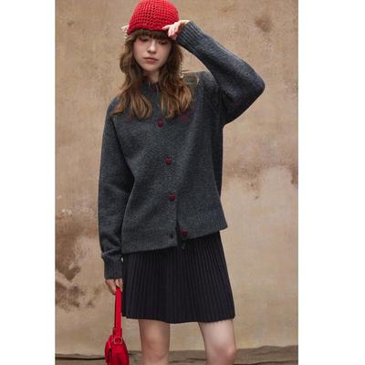 TonLion Women's Round Neck Solid Heart Button Knit Cardigan