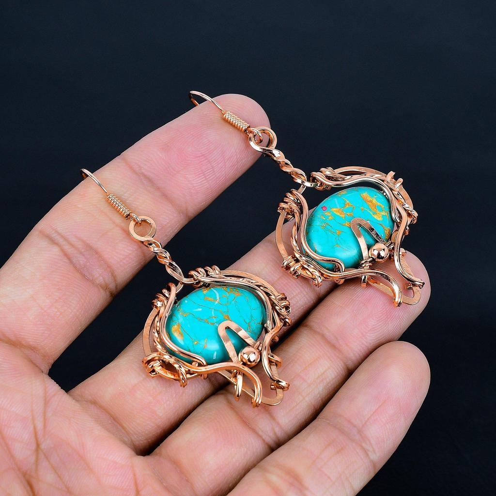 Arizona Turquoise 999 Copper Wire Wrapped Earrings, Handmade Gemstone Jewelry Earrings For Memorial Day
