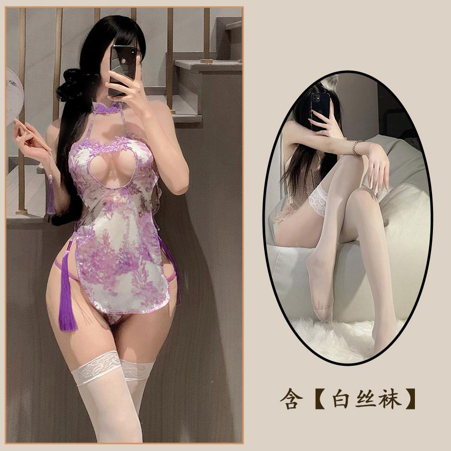 Sex Underwear Purple Charm Sexy Hollow Classical Cheongsam Hip-wrapped Milk Suspender Pajamas Nightdress Set
