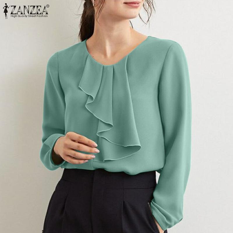 

ZANZEA Женская блузка Повседневные оборки V-образный вырез Рубашка с длинным рукавом