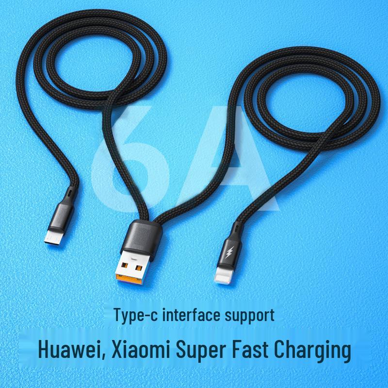 6A Dual Fast Charging Cable for Android, Type-C, and Apple - Two-in-One Car Charger Cable.