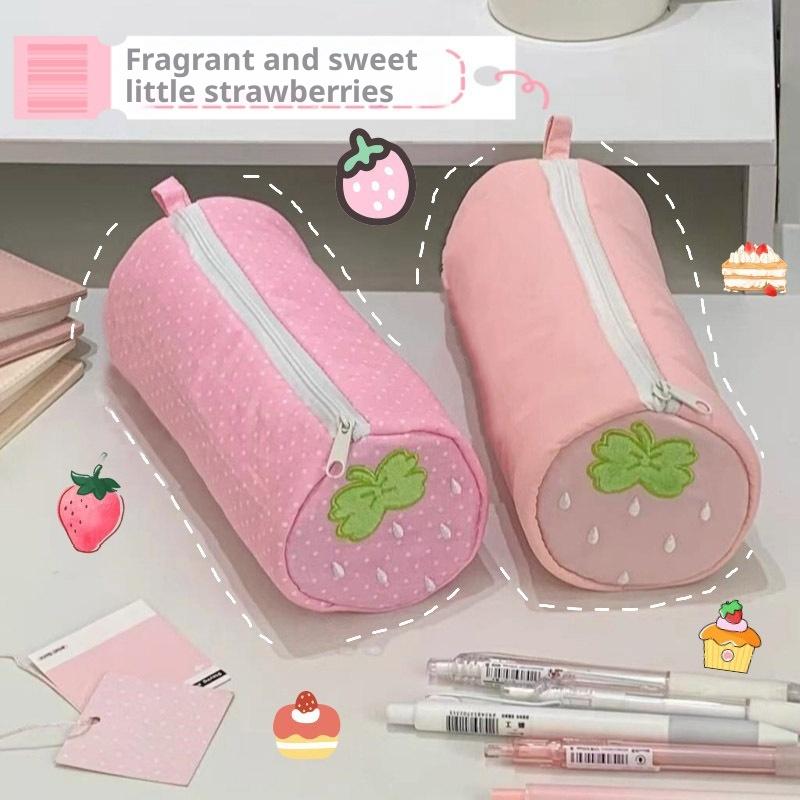Cute Cream Strawberry Polka Dot Pink Pencil Case Student Stationery Storage Bag For Back To School Pen Supplies Gift