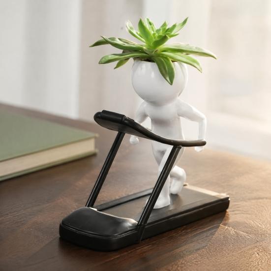 Unique Exercise Pose Flowerpot Creative Fitness Figure Flower Pot, Resin Succulents Pot with Treadmill Yoga And Decorative Plant Container for