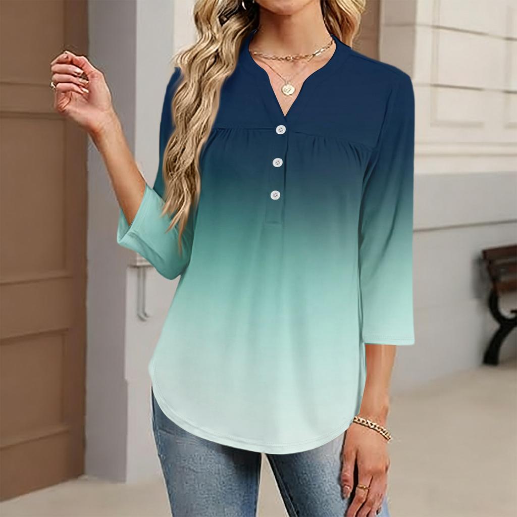 Women's Fashionable Casual Color Block Gradient Print V-Neck Button Three-Quarter Sleeve T-Shirt Top