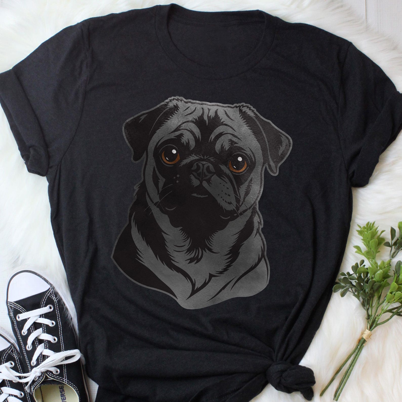 Black Pug Shirt, , , Cute Pug T-shirt, Dog Lover Gift, Pet Tee, Pug Mom, Pug Dad, Beautiful Head Portrait 130