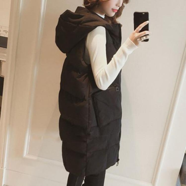 Stand Collar Hooded Down Vest Women Sleeveless Quilted Puffer Jacket Full Zip Long Coat Thick Warm