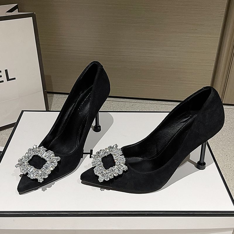 Pointed Fashion Versatile Thin Heel Rhinestone Square Buckle 2025 European and American New High Heels Temperament Socialite Banquet Women's Shoes