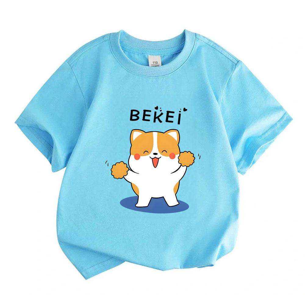 Cute Cheering Corgi Graphic Kids 100% Cotton T-Shirt, Unisex Boys Girls Round Neck Short Sleeve Casual Soft Tee for Daily Wear Cheerful Animal Pattern