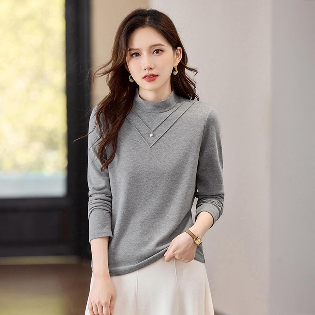 2025 Women's Velvet Half-High Neck Long-Sleeve Slimming Base Layer Top for Autumn/Winter