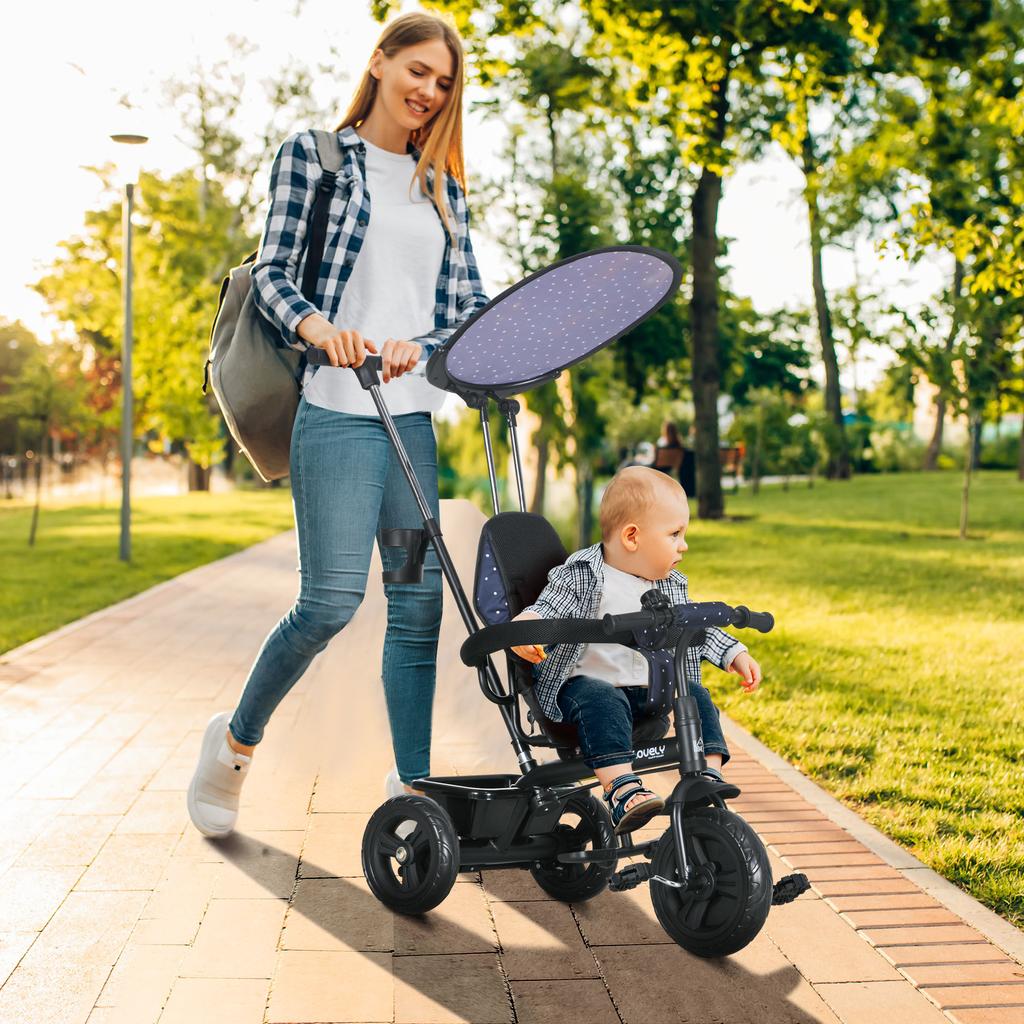 6 In 1 Tricycle for Kids with 5-point Harness Straps, Removable Canopy, Dark Blue
