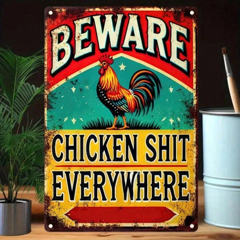 1PC Funny Beware Of Chicken Metal Sign, Rustic Farmhouse Wall Art, Humorous Farm Yard Decor, Tin Country Sign, Outdoor Decor