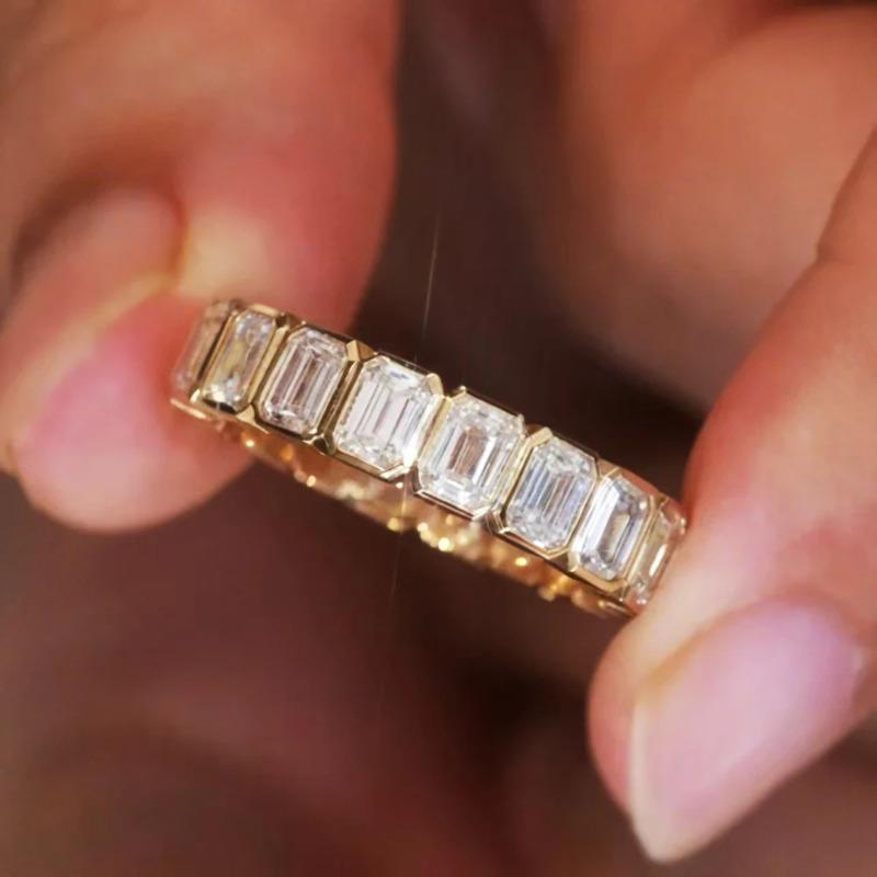 Emerald Cut White Zircon Rings for Women Men Luxury Gold Color Full Eternity Band Gifts Fine Jewelry