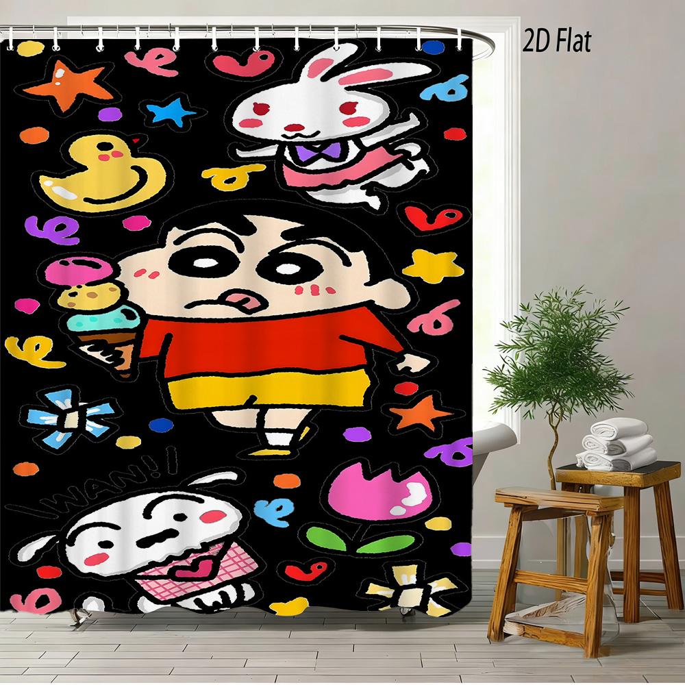

Crayon Shin-Chan & Friends Water Gun Fun 2D Print Waterproof Shower Curtain, Blue Anime Bathroom Decor With Hooks W60H190(CM)-1 Pcs
