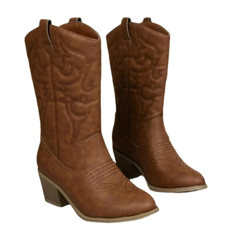 Fashion 2025 New Ladies Shoes Slip-on Women's Boots Fashion Embroidery Modern Boots Women Hot Sale Round Toe Mid-Calf Shoes Womenzapatos