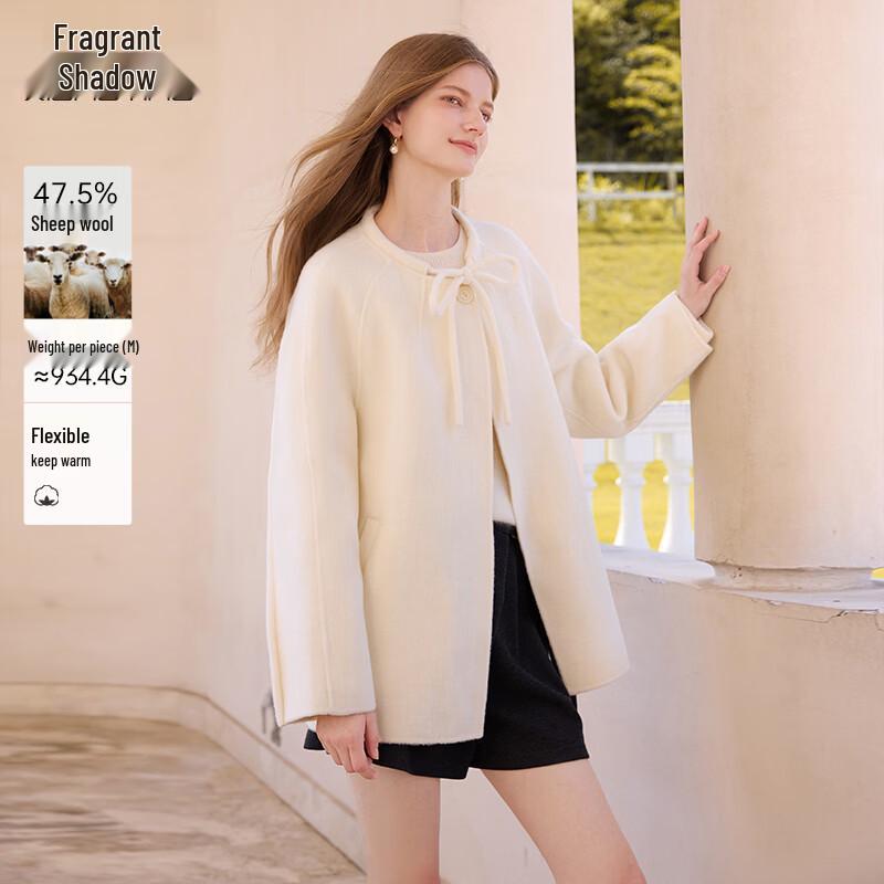 Женское двустороннее пальто из смесовой шерсти с поясом-бантом L