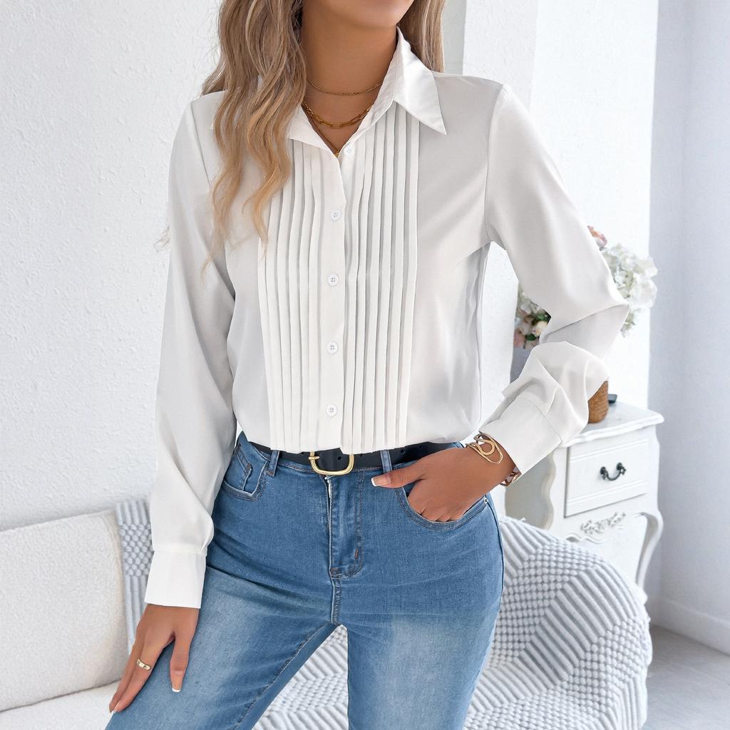 Women's Pleated Solid Color Button-down Long-sleeved Shirt/blouse
